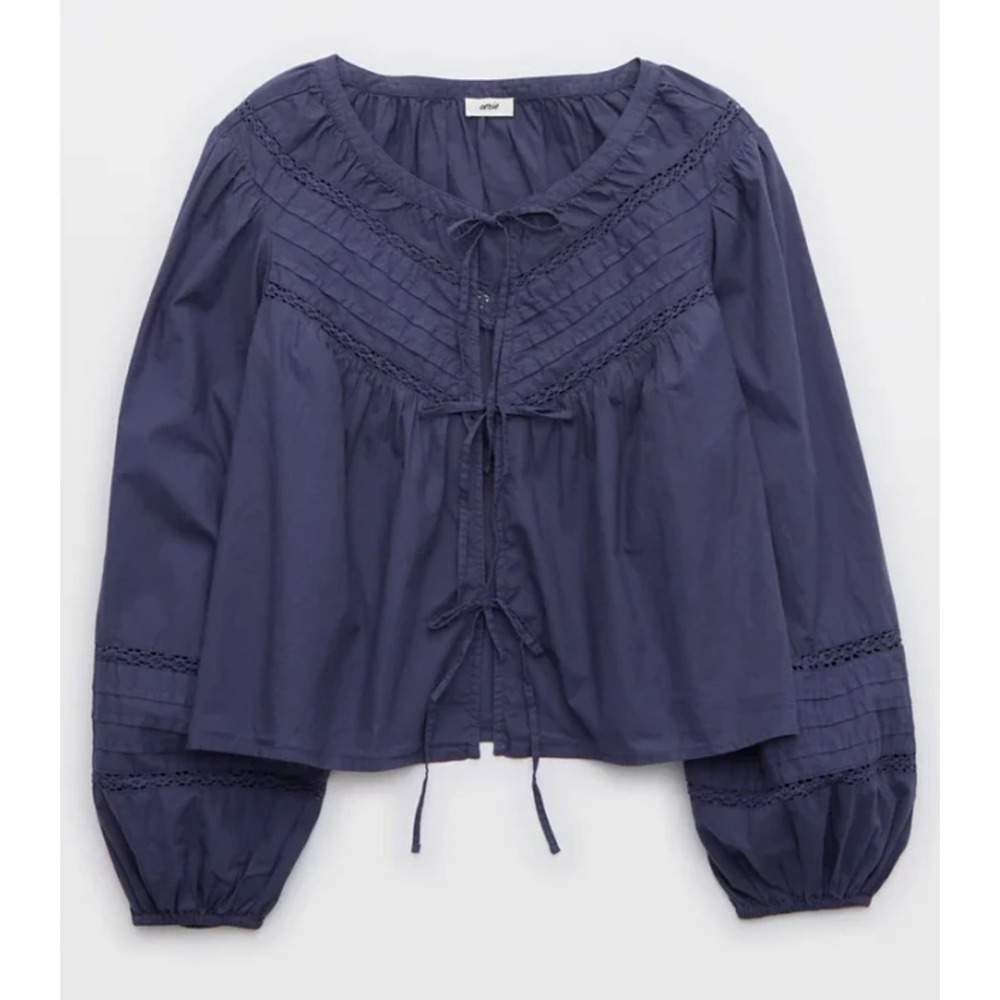 Aerie Tie Front Blouse Womens XS Blue Lace Trim Pintuck Balloon Sleeve Cropped